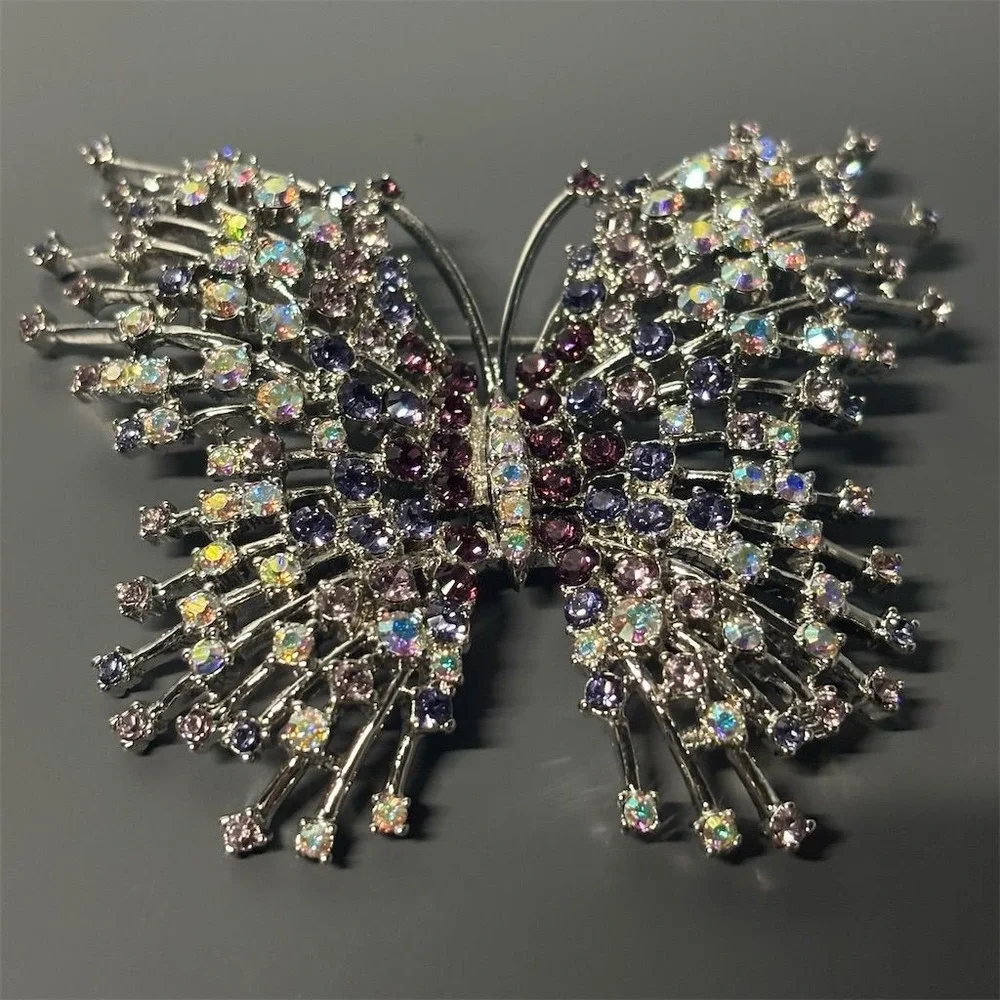 Nolan Miller Butterfly Brooch Silver Tone Rhinestone Crystal Aurora Borealis